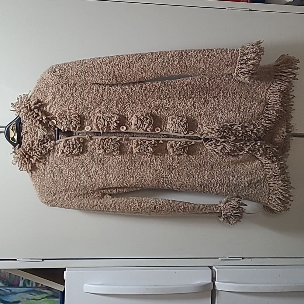 Vintage Halukoko Tan Long Cardigan with Fringe Size M